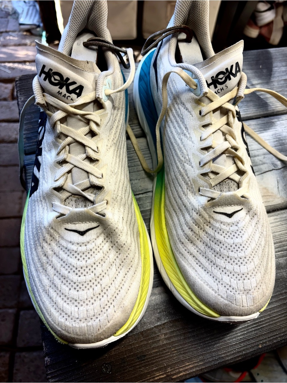 HOKA Men's Mach 5 Running Shoes - White with Yellow & Blue Accents size 12D